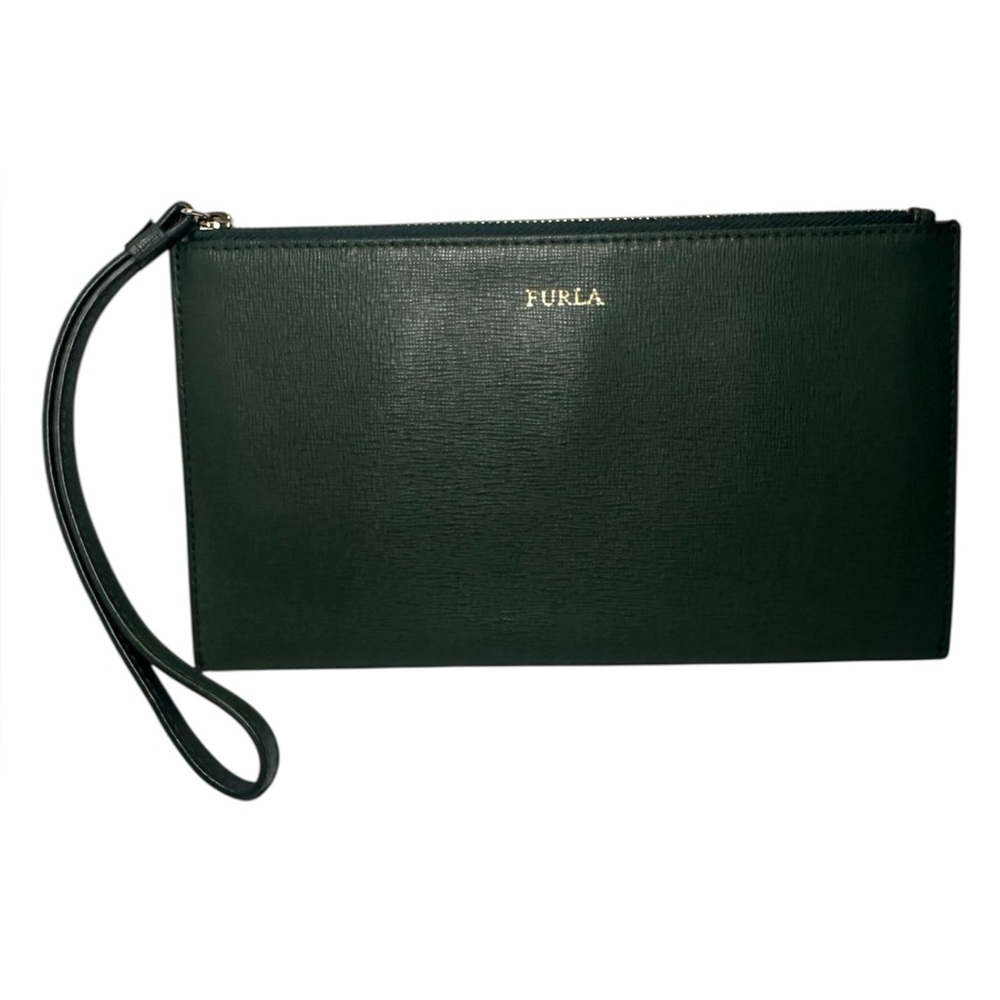 Furla EUC Deep Green Grained Italian Leather Large Wristlet